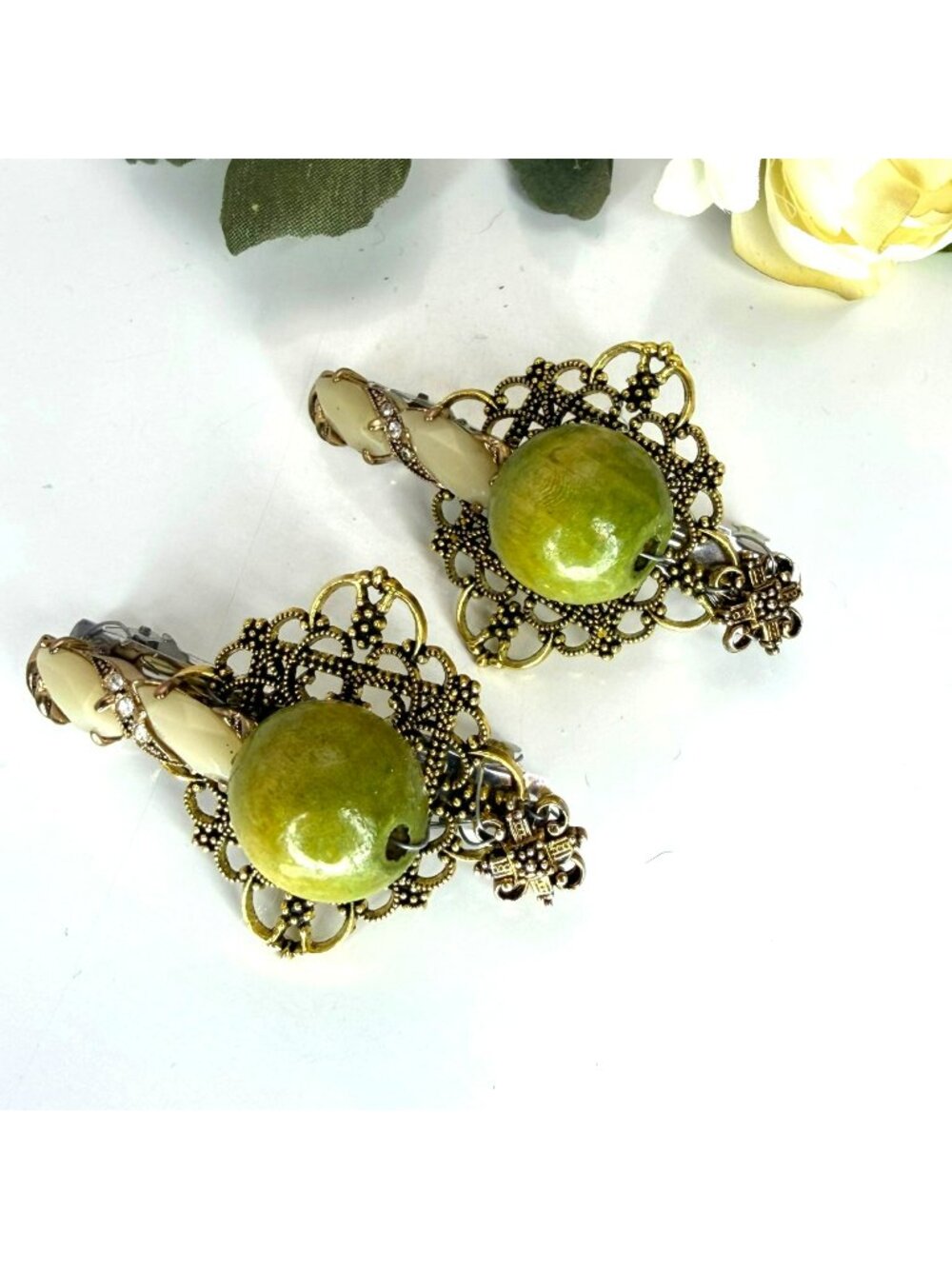 Olive Green Wood Bead Barrettes Set of 2 | Handmade Vintage Jewelry Hair Clips |